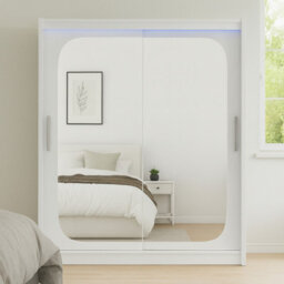 Bega Viii 180 Cm Sliding Doors Wardrobe With Hanging Rail Shelves And Mirror White With Led Lights - thumbnail 1