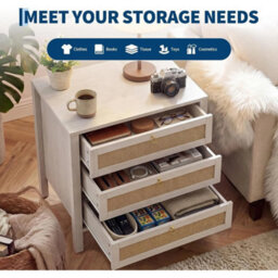 Rattan 3-Drawer Nightstand Golden Handle - thumbnail 4