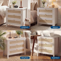 Rattan 3-Drawer Nightstand Golden Handle - thumbnail 5