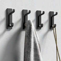 Black, 4-Piece Adhesive Wall Hooks, Bathroom Towel Rack, Kitchen Dishcloth Hook, Adhesive Coat Rack, No-Drill Wall Mount - thumbnail 2