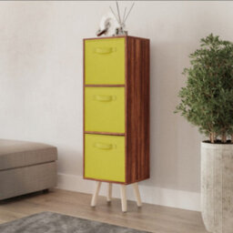 Urbn-Living Urbnliving 80Cm Height 3 Tier Teak Wooden Storage Bookcase Scandinavian Style Pine Legs With Yellow Inserts