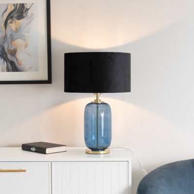Valuelights Leigh Navy Blue Glass And Gold Detail Table Lamp With Black Velvet Drum Shade Light - Led Bulb Included - image 1