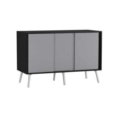 Urbn-Living Urbnliving 3-Door Sliding Cabinet Sideboard Black Carcass With Grey Doors Storage Organiser Home Cupboard White Wooden Legs - image 1