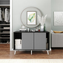 Urbn-Living Urbnliving 3-Door Sliding Cabinet Sideboard Black Carcass With Grey Doors Storage Organiser Home Cupboard White Wooden Legs - thumbnail 4