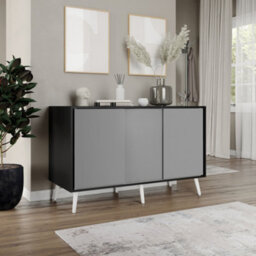 Urbn-Living Urbnliving 3-Door Sliding Cabinet Sideboard Black Carcass With Grey Doors Storage Organiser Home Cupboard White Wooden Legs - thumbnail 3