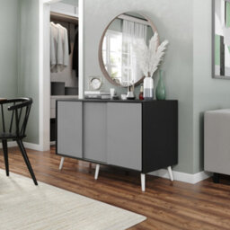 Urbn-Living Urbnliving 3-Door Sliding Cabinet Sideboard Black Carcass With Grey Doors Storage Organiser Home Cupboard White Wooden Legs - thumbnail 2