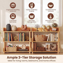 Costway 3-Tier Wooden Bookshelf Modern Bookcase With Sturdy Pine Wood Posts - thumbnail 7