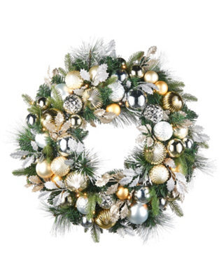 Werchristmas 76 Cm Pre-Lit Artificial Christmas Wreath With Silver And Gold Baubles, 60 Warm White Leds - image 1