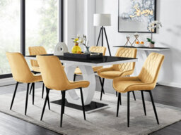 Furniturebox Giovani Rectangular 6 Seat White High Gloss Unique Halo Base Dining Table Black Glass Top 6 Mustard Velvet Black Leg Pesaro Chairs