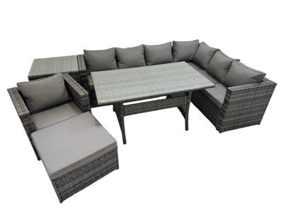 Fimous Rattan Garden Furniture Set Outdoor 8 Seater Patio Corner Sofa Sets With Table Chair Big Stool Side Table Dark Grey Mixed - image 1