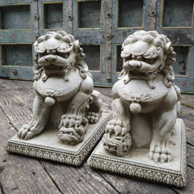Burgess Pair Of Foo Dog Stone Statues Oriental Lion Outdoor Garden Ornament Buddha Sculpture - image 1
