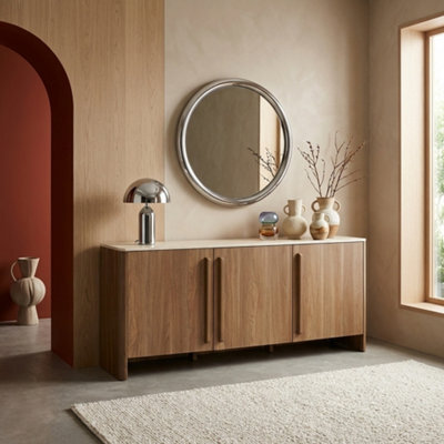 Sweeek - 3-Door Sideboard 160Cm With Travertine Effect Top And Wood Decor Walnut - Aretha - image 1