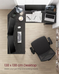 Songmics L-Shaped Workstation Desk, Corner Computer Desk, Gaming Table With Dual Storage Shelves, Black With Wood Grain - thumbnail 3