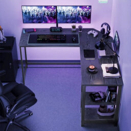L-Shaped Workstation Desk, Corner Computer Desk, Gaming Table With Dual Storage Shelves, Black With Wood Grain