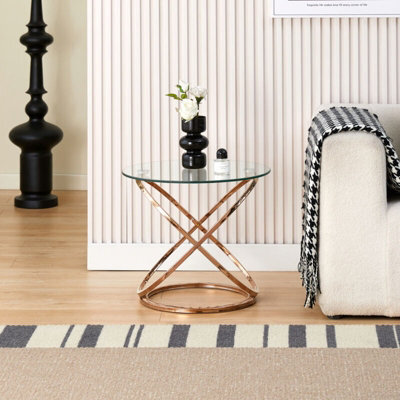 Comfy Living Round Abstract Tempered Glass Side Table Chrome Effect Frame In Silver - image 1