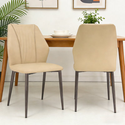 Fativo Set Of 2 Microfiber Leather Beige Kitchen Chairs With Black Metal Legs, Cord Effect Chairs For Dining , 87.5Cmh - image 1
