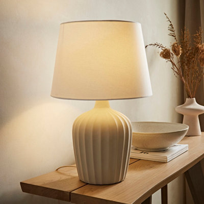 Valuelights Serena Natural Tapered Linen Lamp Shade Ribbed Ceramic Beige Table Lamp And Bulb - image 1