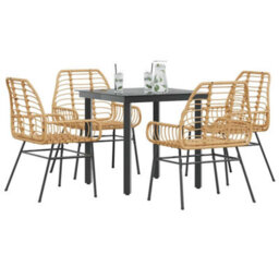 Berkfield 5 Piece Garden Dining Set Brown Poly Rattan Glass