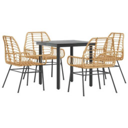 Berkfield 5 Piece Garden Dining Set Brown Poly Rattan Glass - thumbnail 2