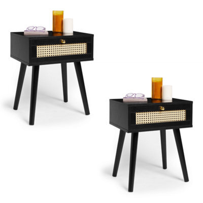 Spinningfield Black Side Table Set Of 2, 1 Storage Drawer End Table, Bedside Table & Nightstand, Cane Front Sofa & Drinks Table - image 1