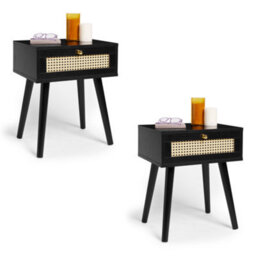 Spinningfield Black Side Table Set Of 2, 1 Storage Drawer End Table, Bedside Table & Nightstand, Cane Front Sofa & Drinks Table