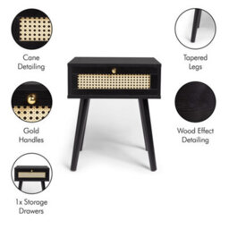 Spinningfield Black Side Table Set Of 2, 1 Storage Drawer End Table, Bedside Table & Nightstand, Cane Front Sofa & Drinks Table - thumbnail 2