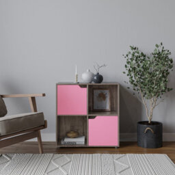 Urbn-Living Urbnliving 4 Cube Anthracite Oak Wooden Bookcase Shelving Display Shelves Storage Unit Wood Shelf Pink Door - thumbnail 3
