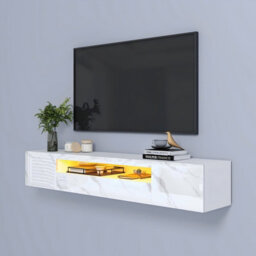 Keepreaper Sleek White Marble Finish Tv Unit Floating Tv Stand With Led Light For 55 To 80 Inch Tvs - thumbnail 4