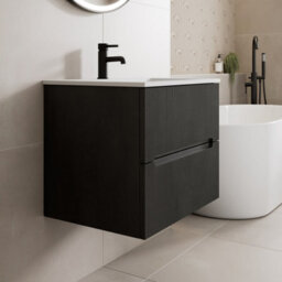 Affine 600mm Bathroom Cloakroom Vanity Unit Basin Sink Wall Hung Fluted Black Unit - thumbnail 2