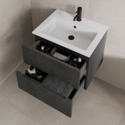 Affine 600mm Bathroom Cloakroom Vanity Unit Basin Sink Wall Hung Fluted Black Unit - thumbnail 3
