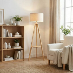 Tripod Floor Lamp With Storage Shelf Wooden Living Room - thumbnail 5