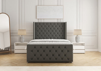 "Bsspoke Divan Bed Set Grey Velvet With 54Inch Wingedback Headboard & 20"" Footboard & Mattress No Drawers 3Ft 4Ft 4Ft6 5Ft 6Ft" - image 1