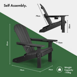 Vonhaus Black Adirondack Chair, Reclining Slatted Garden Chair, Weather Resistant Hdpe Outdoor Armchair For Patio, Westport - thumbnail 6