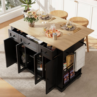 Btm Kitchen Island 151.5X60X91.7Cm, Removable Partitions, Worktop Cabinet Dining Trolley, Black - image 1