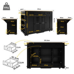 Btm Kitchen Island 151.5X60X91.7Cm, Removable Partitions, Worktop Cabinet   Dining Trolley, Black - thumbnail 4