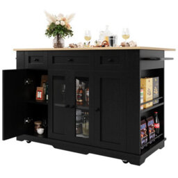 Btm Kitchen Island 151.5X60X91.7Cm, Removable Partitions, Worktop Cabinet   Dining Trolley, Black - thumbnail 7