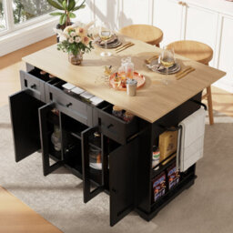 Btm Kitchen Island 151.5X60X91.7Cm, Removable Partitions, Worktop Cabinet   Dining Trolley, Black - thumbnail 1
