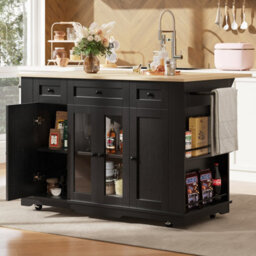 Btm Kitchen Island 151.5X60X91.7Cm, Removable Partitions, Worktop Cabinet   Dining Trolley, Black - thumbnail 2