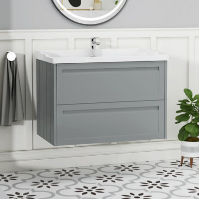 Royal Bathrooms Elmore 800mm Wall Hung 2 Drawer Bathroom Vanity Unit With Traditional Ceramic Basin Sink - Matt Pebble Grey - image 1