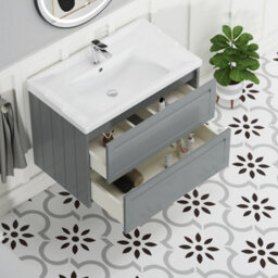 Royal Bathrooms Elmore 800mm Wall Hung 2 Drawer Bathroom Vanity Unit With Traditional Ceramic Basin Sink - Matt Pebble Grey - thumbnail 5