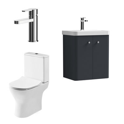 Nuie Core Cloakroom Set Wall Hung Vanity Unit Curve 500mm Basin Tap Wc Satin Anthracite