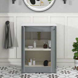 Royal Bathrooms Royal Bathroom Elmore 600mm Matt Pebble Grey Freestanding Bathroom Vanity Unit 2 Door Plain White Worktop With Elva Basin - thumbnail 6