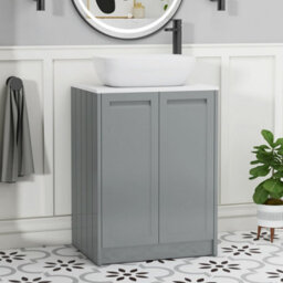 Royal Bathrooms Royal Bathroom Elmore 600mm Matt Pebble Grey Freestanding Bathroom Vanity Unit 2 Door Plain White Worktop With Elva Basin - thumbnail 1