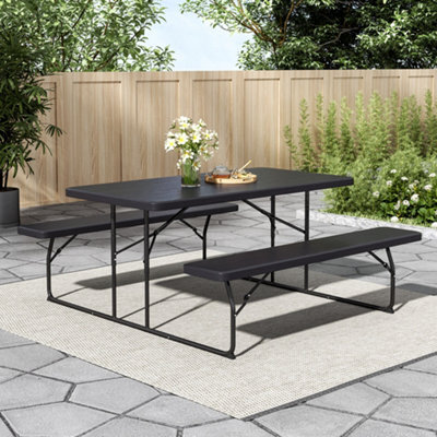 Living And Home Black Picnic Foldable Table Bench Set 6 Seater Camping Table Set Garden Picnic And Bench Set With Parasol Hole - image 1