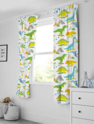 Bloomsbury Mill - Dinosaurs World Curtains For Kids Bedroom - Lined Curtain Pair With Tie Backs 66 X 72 Inch Or 168Cm X 183Cm - thumbnail 1