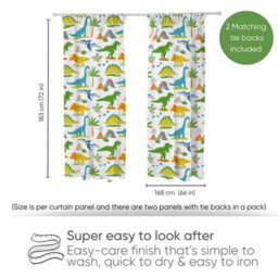 Bloomsbury Mill - Dinosaurs World Curtains For Kids Bedroom - Lined Curtain Pair With Tie Backs 66 X 72 Inch Or 168Cm X 183Cm - thumbnail 2