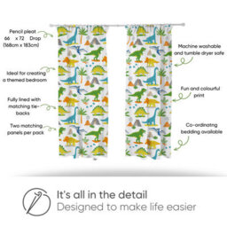 Bloomsbury Mill - Dinosaurs World Curtains For Kids Bedroom - Lined Curtain Pair With Tie Backs 66 X 72 Inch Or 168Cm X 183Cm - thumbnail 3