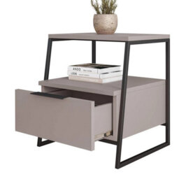 Grey 1 Drawer Modern Bedside Table Nightstand Black Metal Frame - thumbnail 5