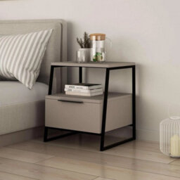 Grey 1 Drawer Modern Bedside Table Nightstand Black Metal Frame - thumbnail 1