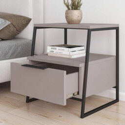 Grey 1 Drawer Modern Bedside Table Nightstand Black Metal Frame - thumbnail 3